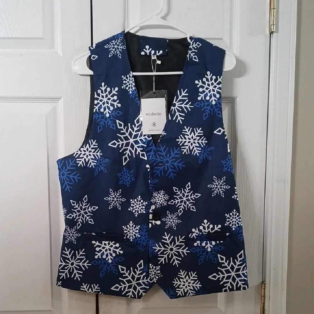 Snowflake print blue and white festive holiday winter Vest Sz M NWT